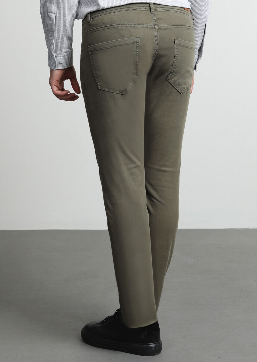 Khaki Weaving Slim Fit Casual Cotton Blended Trousers - 3