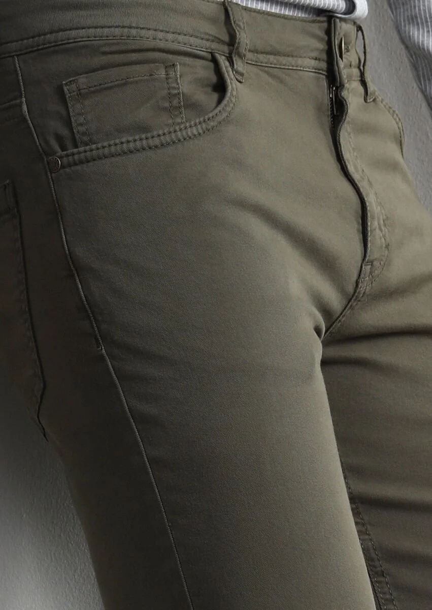 Khaki Weaving Slim Fit Casual Cotton Blended Trousers - 2