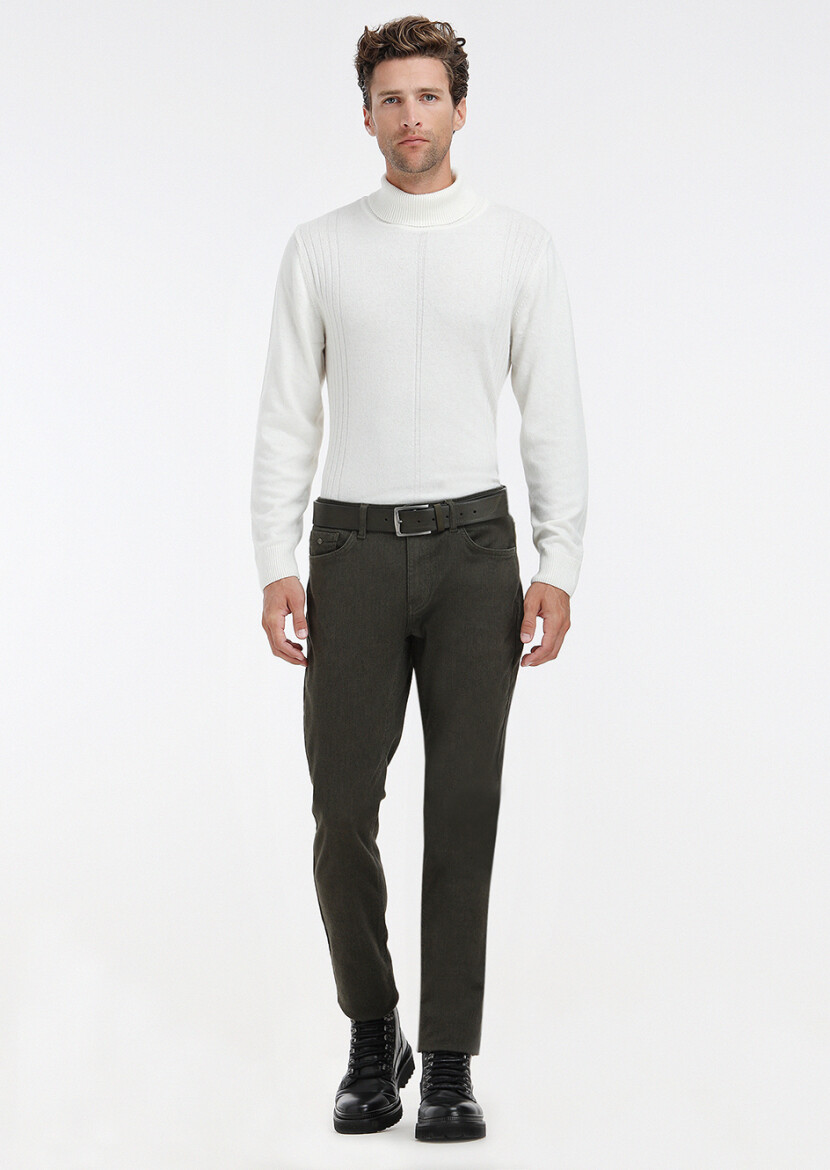 Khaki Weaving Slim Fit Casual Cotton Blended Trousers - 1