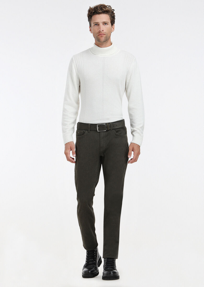 Khaki Weaving Slim Fit Casual Cotton Blended Trousers - 1