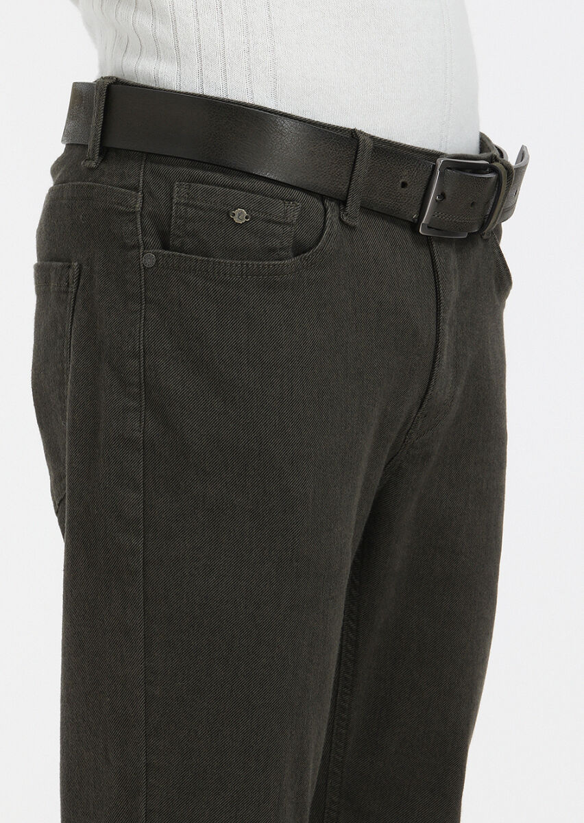 Khaki Weaving Slim Fit Casual Cotton Blended Trousers - 3