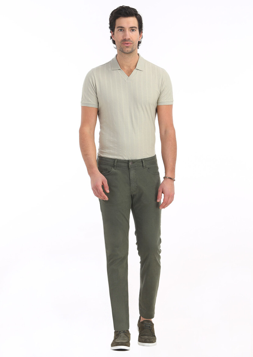 Khaki Weaving Slim Fit Casual Cotton Blended Trousers - 1