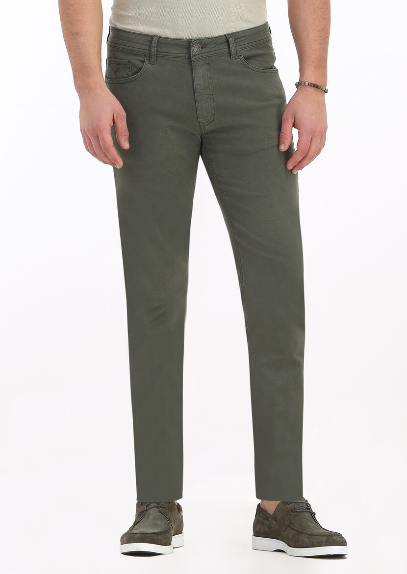 Khaki Weaving Slim Fit Casual Cotton Blended Trousers - 2