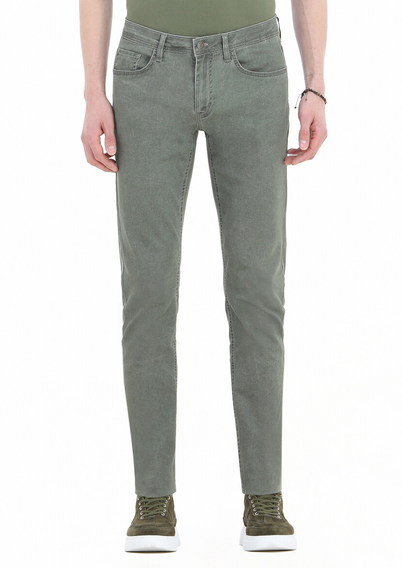 Khaki Weaving Slim Fit Casual Cotton Blended Trousers 