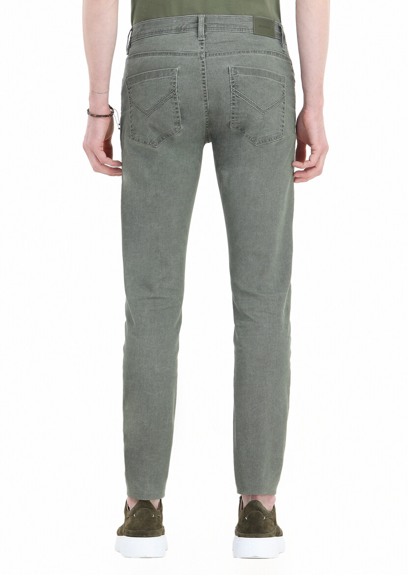 Khaki Weaving Slim Fit Casual Cotton Blended Trousers - 3