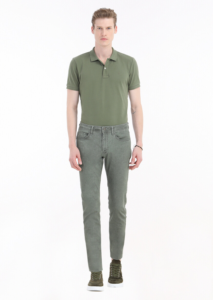 Khaki Weaving Slim Fit Casual Cotton Blended Trousers 