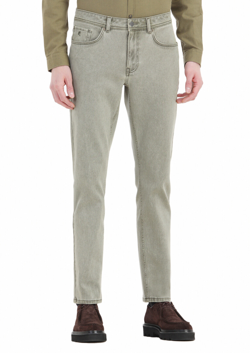Khaki Weaving Slim Fit Casual Cotton Blended Trousers 