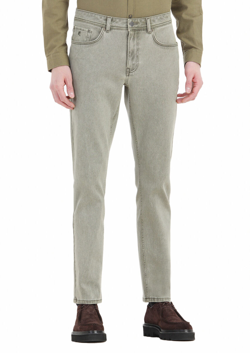 Khaki Weaving Slim Fit Casual Cotton Blended Trousers - 2