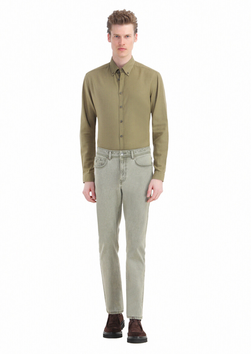 Khaki Weaving Slim Fit Casual Cotton Blended Trousers 