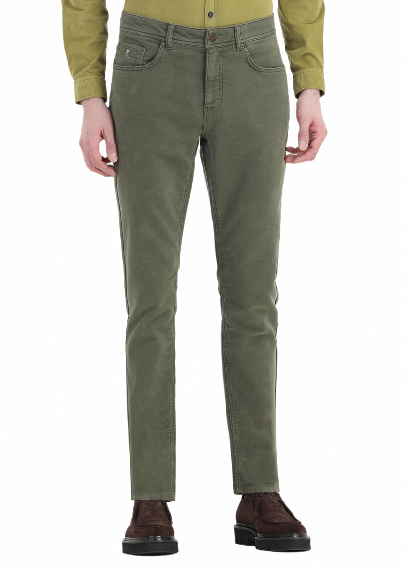 Khaki Weaving Slim Fit Casual Cotton Blended Trousers - 2