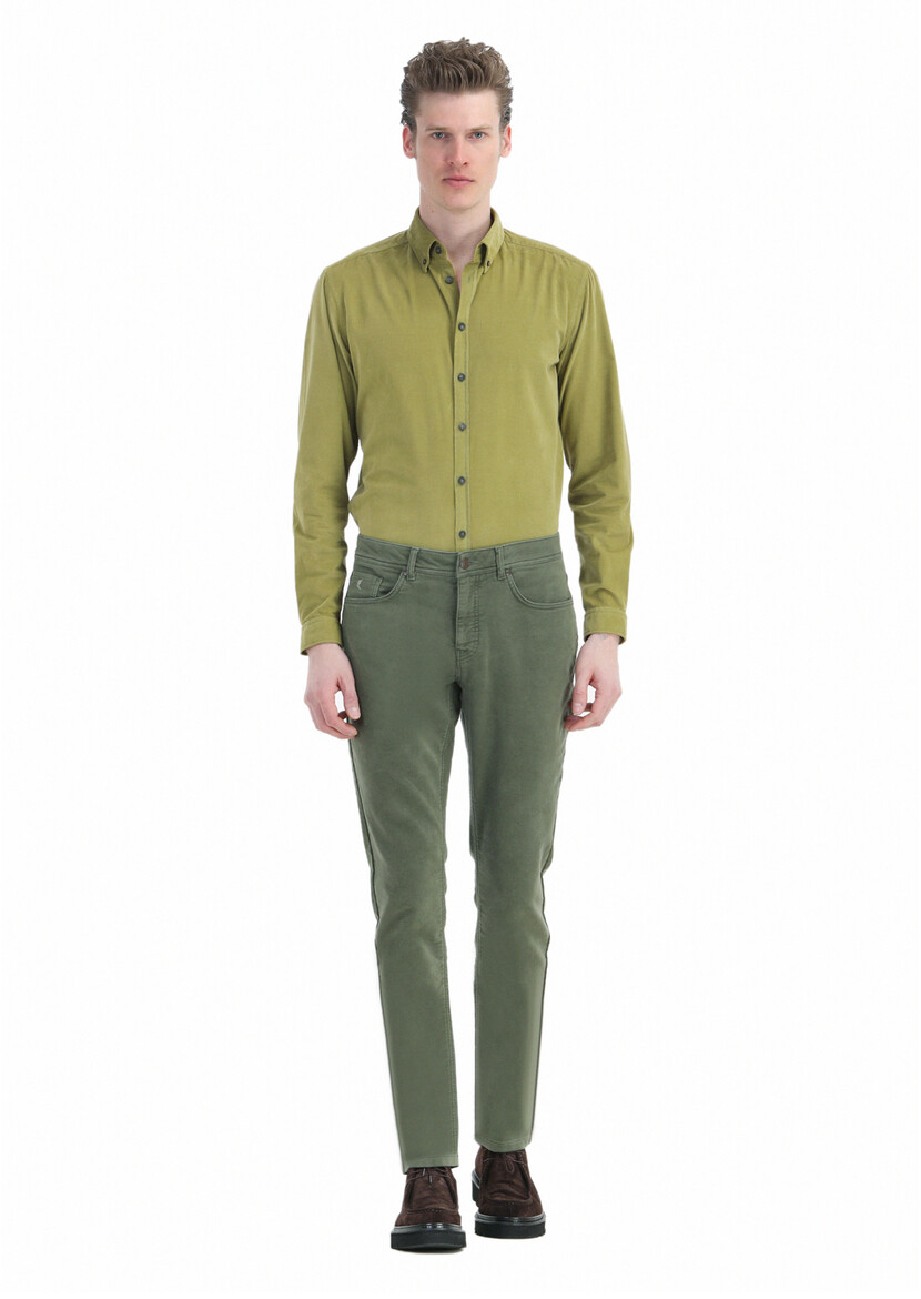 Khaki Weaving Slim Fit Casual Cotton Blended Trousers - 1