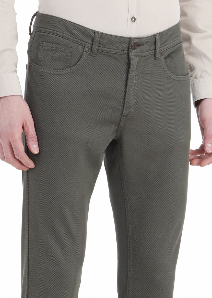 Khaki Weaving Slim Fit Casual Cotton Blended Trousers - 3