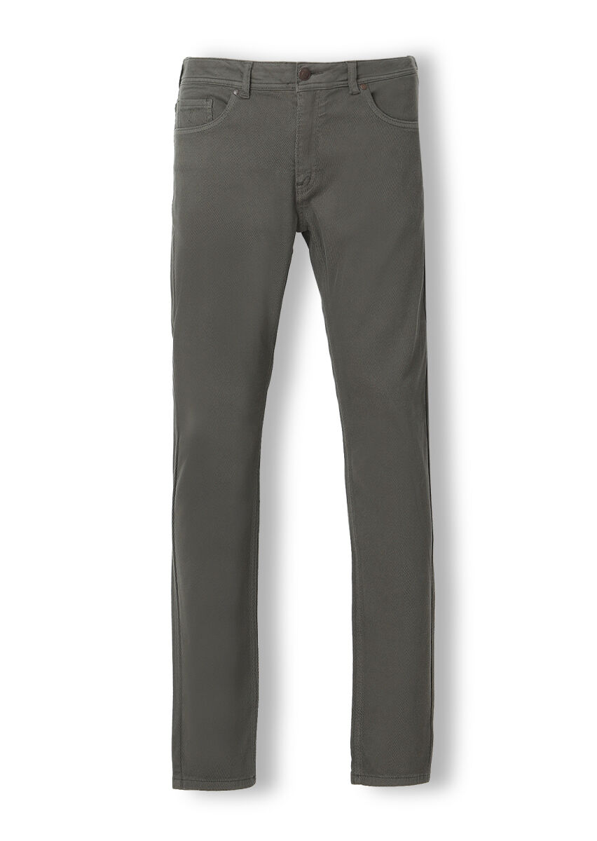 Khaki Weaving Slim Fit Casual Cotton Blended Trousers - 7