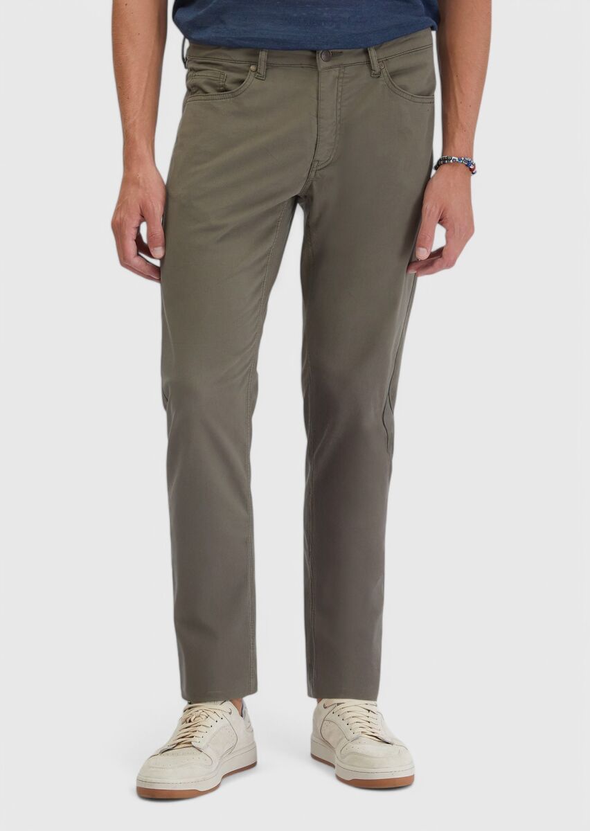 Khaki Weaving Slim Fit Casual Cotton Blended Trousers - 2