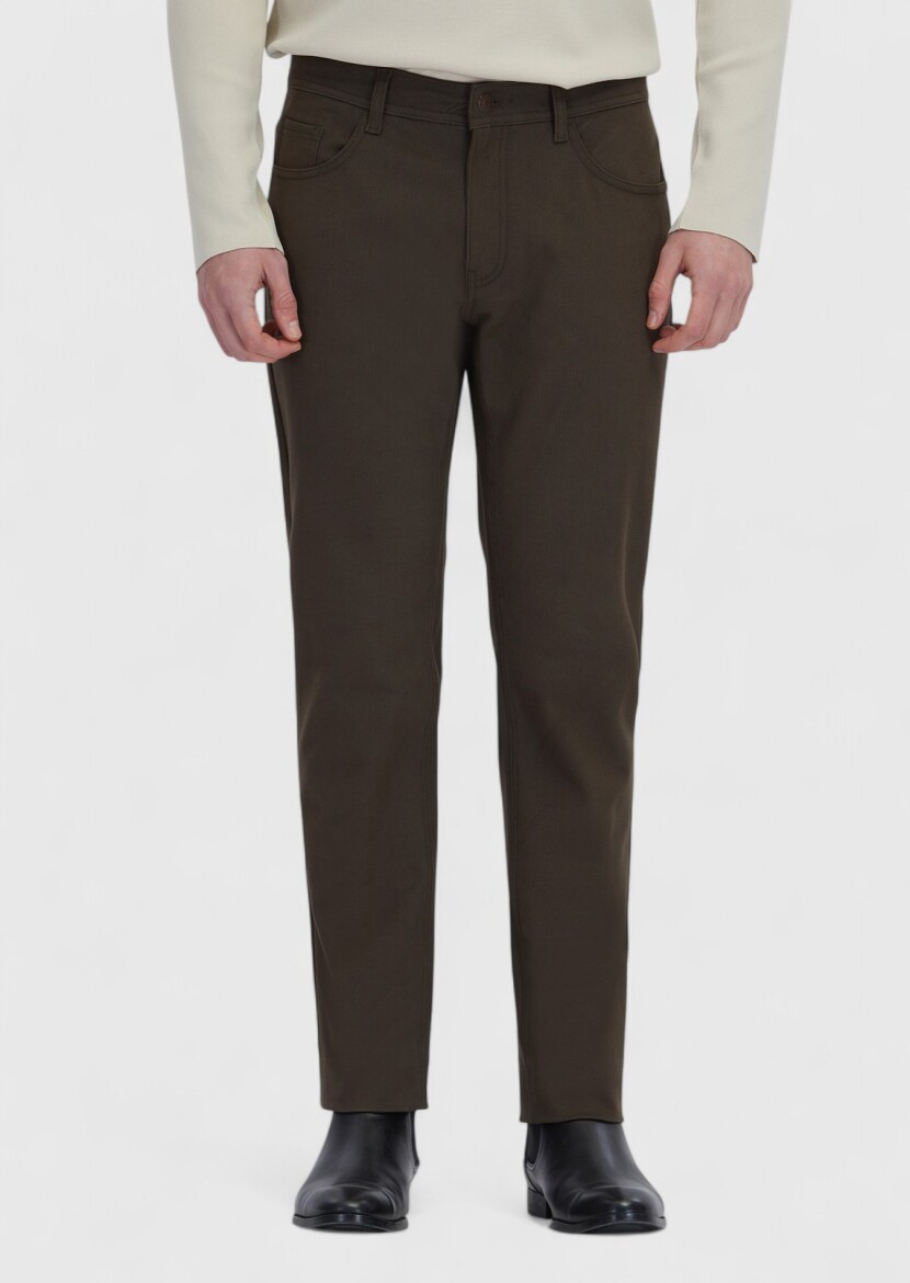 Khaki Weaving Slim Fit Casual Cotton Blended Trousers - RAMSEY