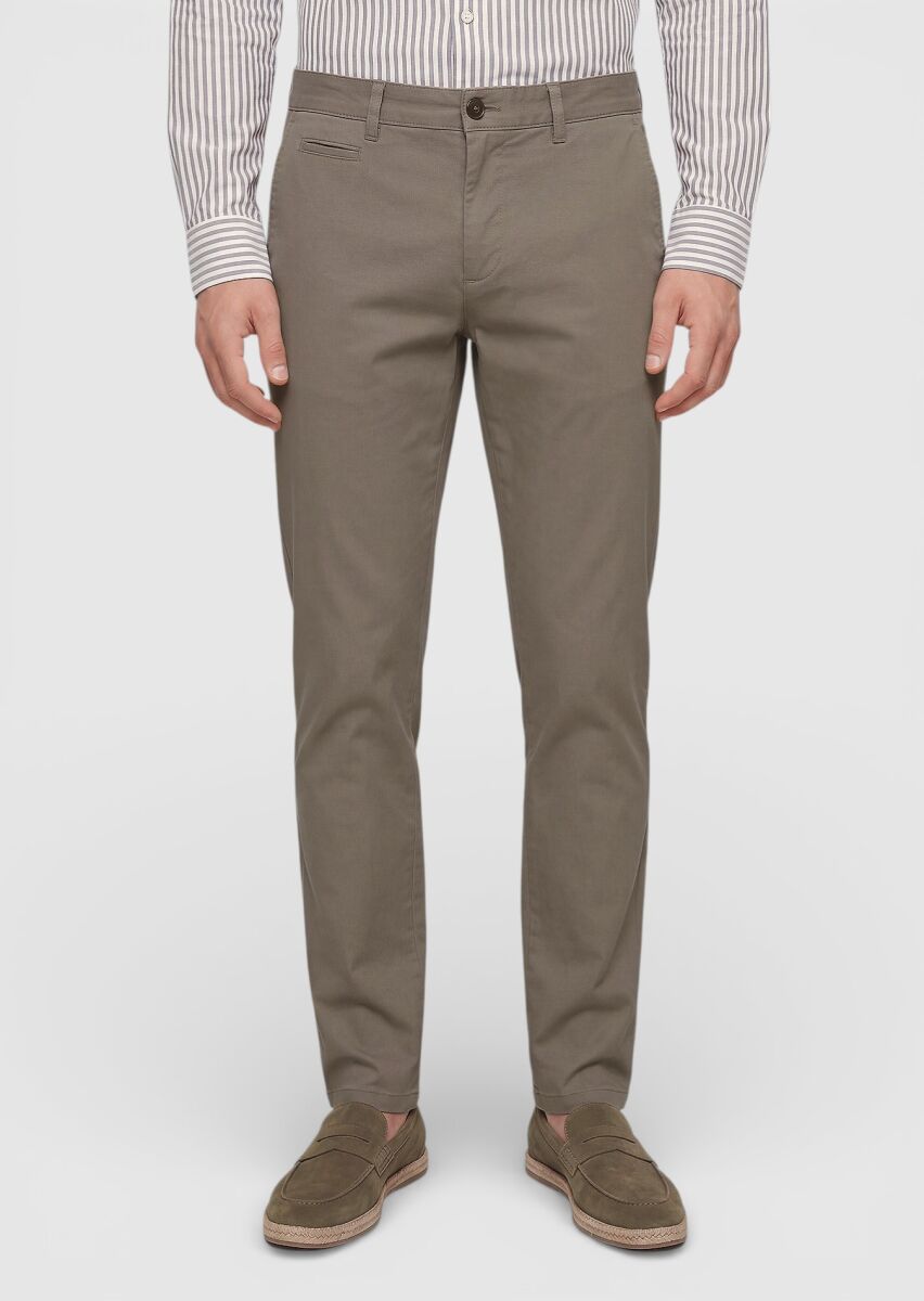 Khaki Weaving Straight Fit Casual Cotton Blended Trousers - 2