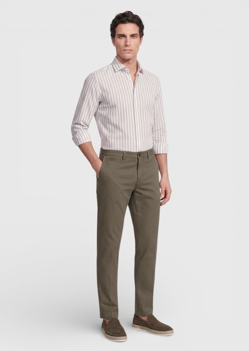 Khaki Weaving Straight Fit Casual Cotton Blended Trousers - 3