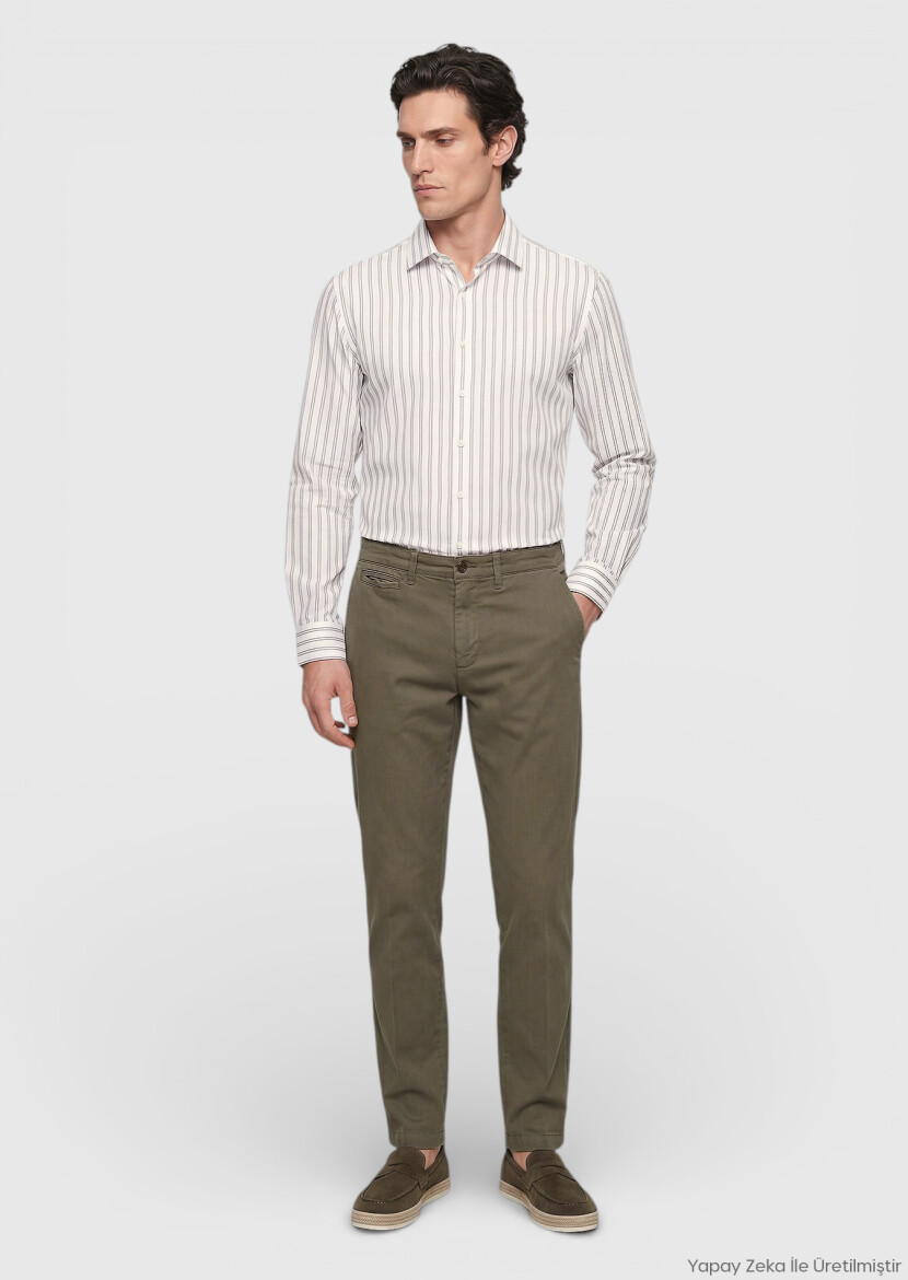 Khaki Weaving Straight Fit Casual Cotton Blended Trousers - RAMSEY