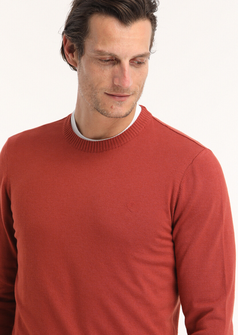 Kiremit Bisiklet Yaka Düz Örgü Yün Karışımlı Triko Kazak 