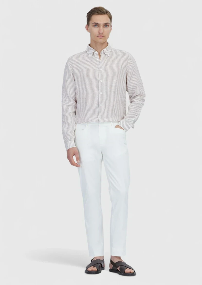Kiremit Çizgili Casual Fit Dokuma Casual %100 Keten Gömlek - 2
