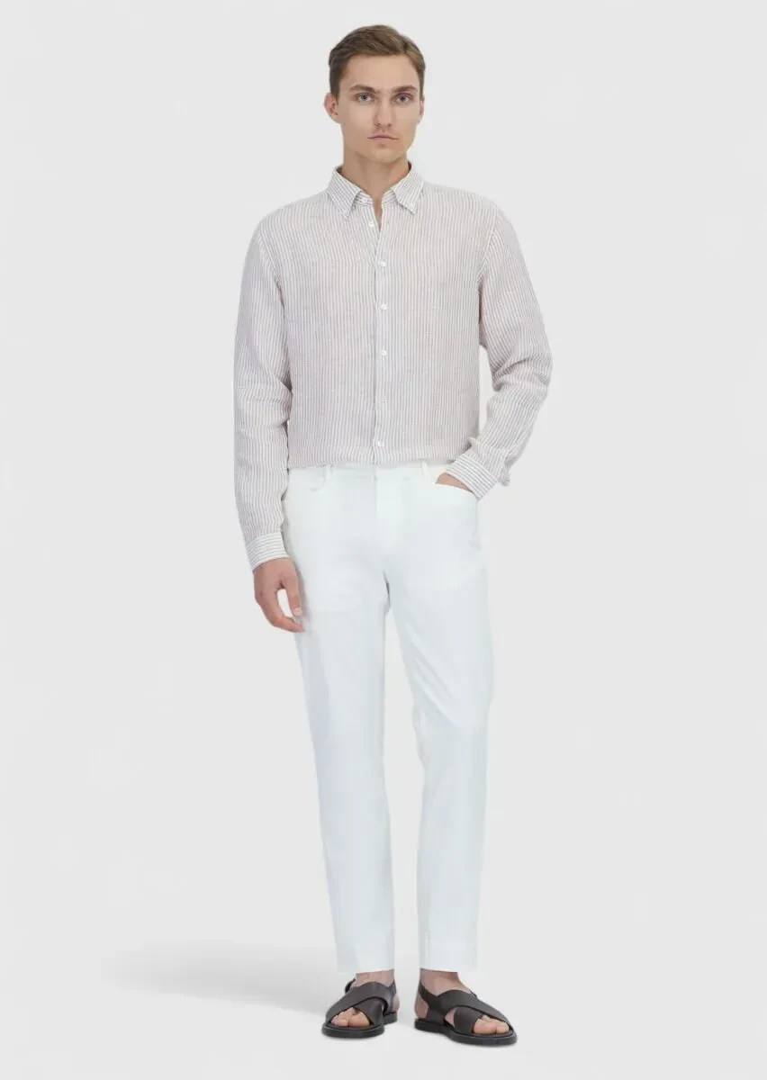 Kiremit Çizgili Casual Fit Dokuma Casual %100 Keten Gömlek - 2