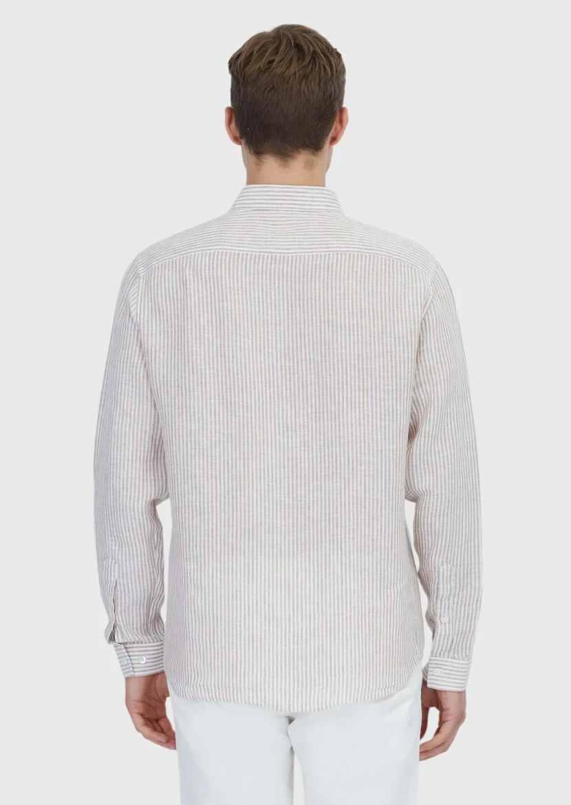 Kiremit Çizgili Casual Fit Dokuma Casual %100 Keten Gömlek - 6