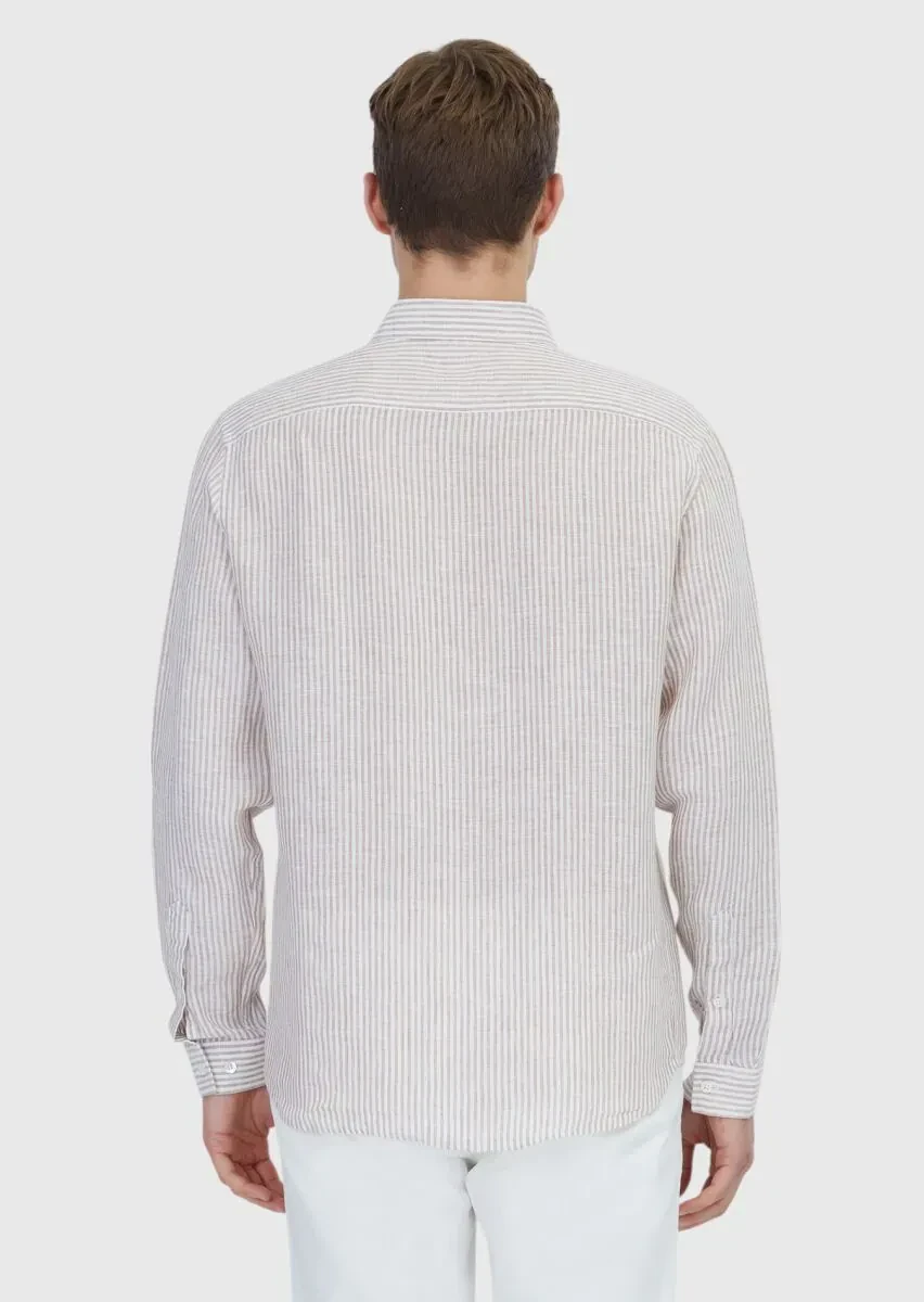 Kiremit Çizgili Casual Fit Dokuma Casual %100 Keten Gömlek - 6