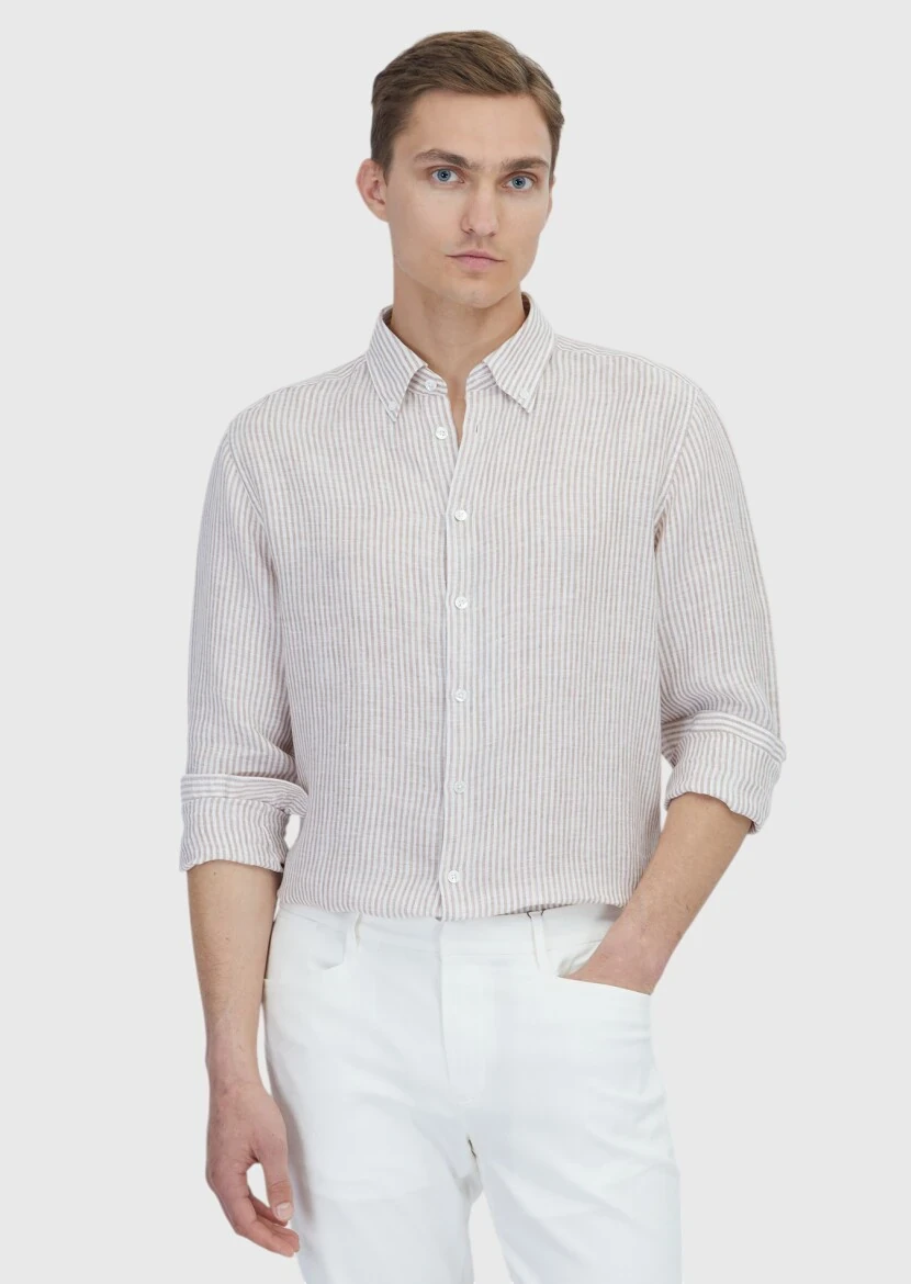 Kiremit Çizgili Casual Fit Dokuma Casual %100 Keten Gömlek - 1