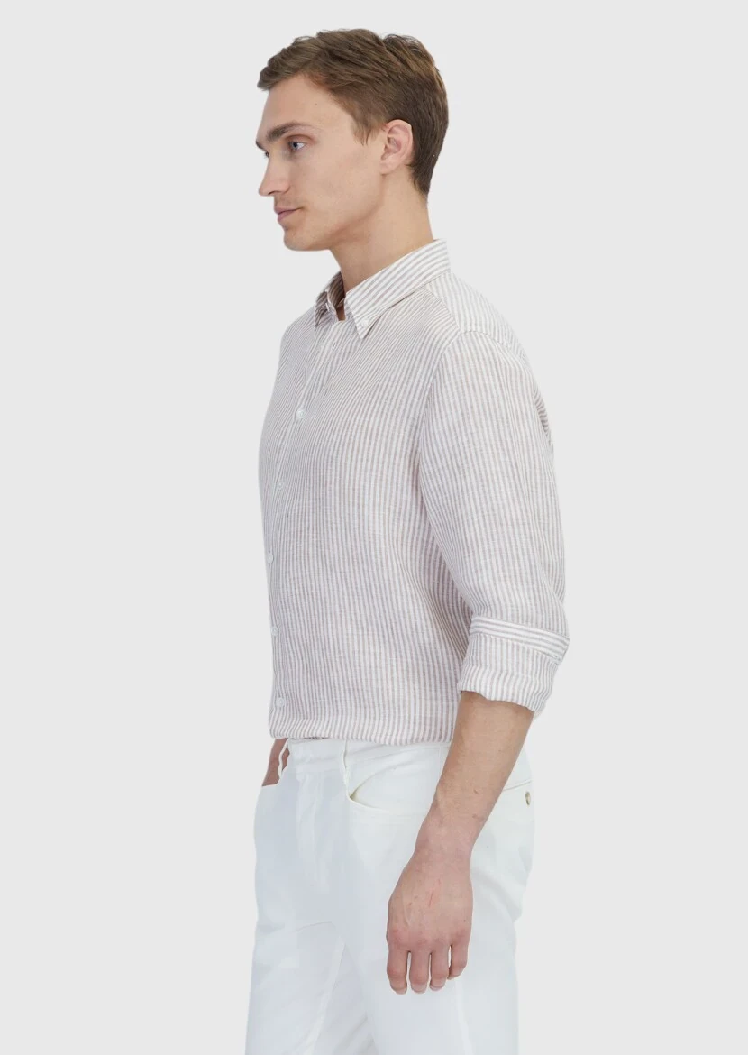 Kiremit Çizgili Casual Fit Dokuma Casual %100 Keten Gömlek - 3