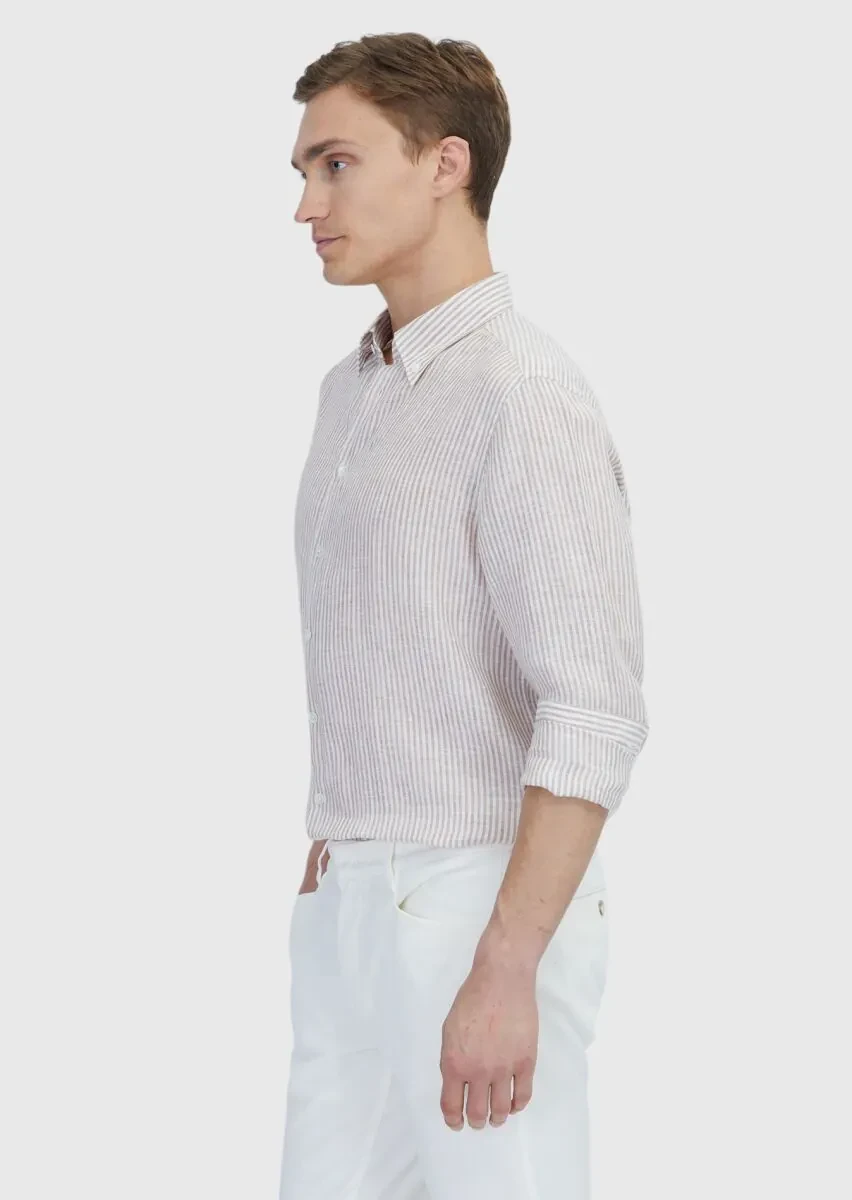 Kiremit Çizgili Casual Fit Dokuma Casual %100 Keten Gömlek - 3