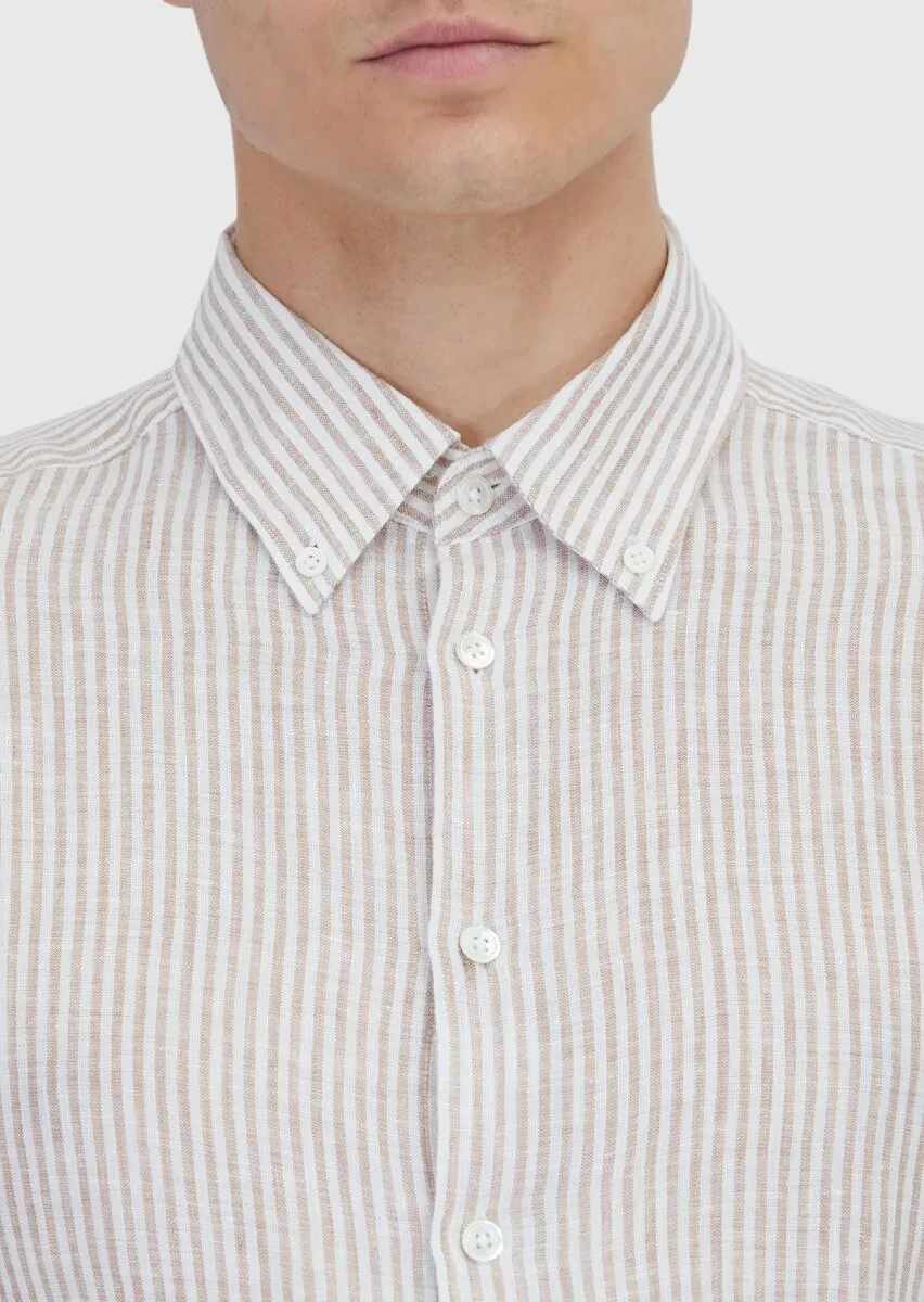 Kiremit Çizgili Casual Fit Dokuma Casual %100 Keten Gömlek - 5