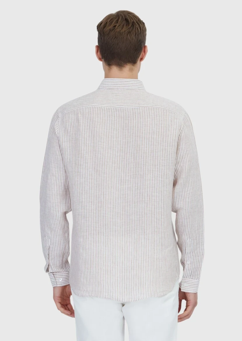 Kiremit Çizgili Casual Fit Dokuma Casual %100 Keten Gömlek - 6
