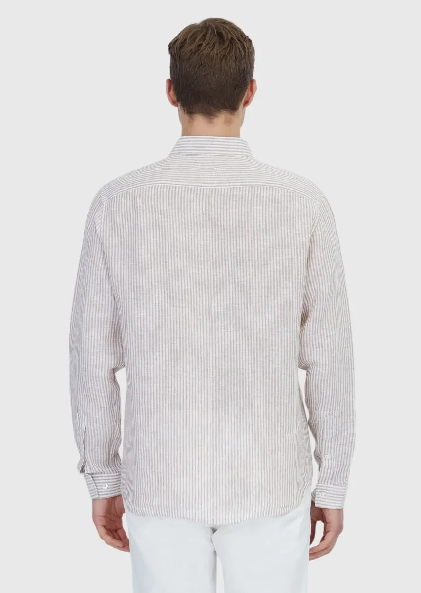 Kiremit Çizgili Casual Fit Dokuma Casual %100 Keten Gömlek - 6