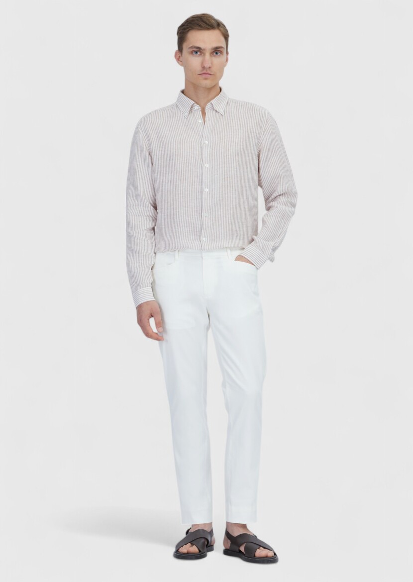 Kiremit Çizgili Casual Fit Uzun Dokuma Casual %100 Keten Gömlek - 2