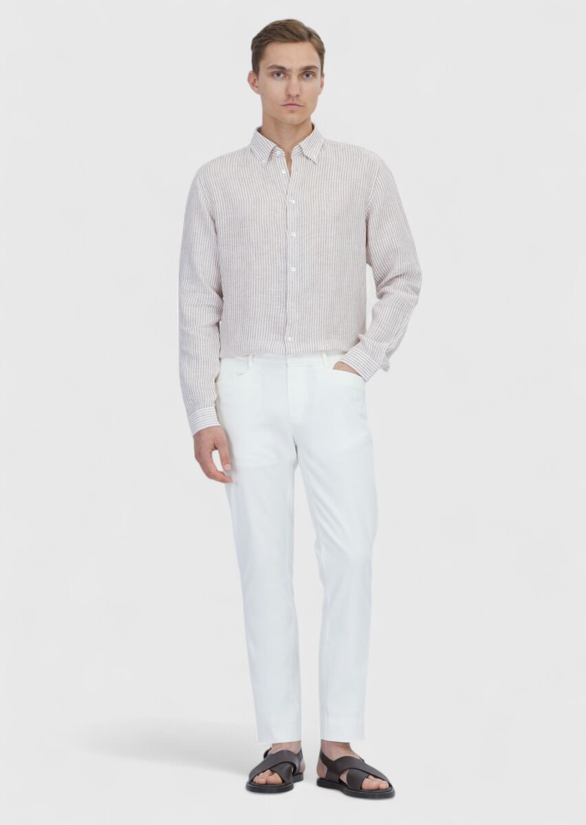 Kiremit Çizgili Casual Fit Uzun Dokuma Casual %100 Keten Gömlek - 2