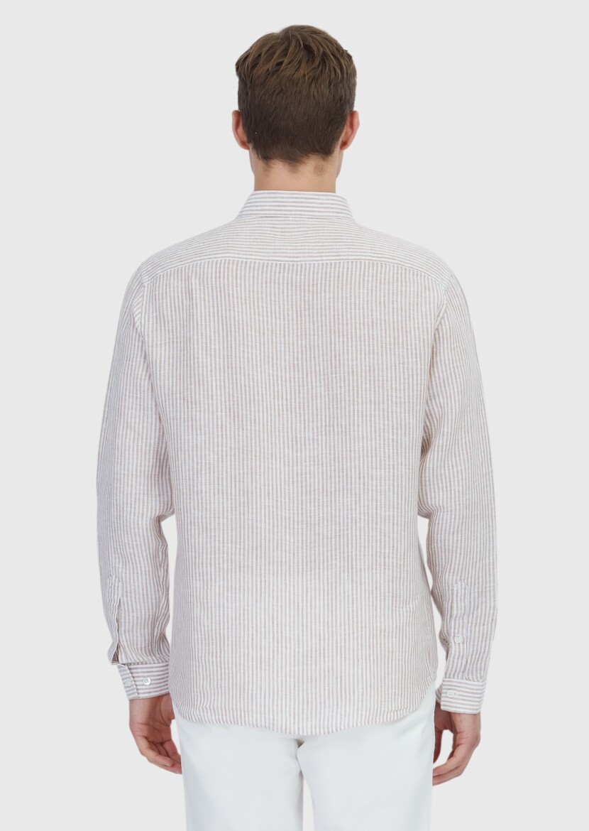 Kiremit Çizgili Casual Fit Uzun Dokuma Casual %100 Keten Gömlek - 6