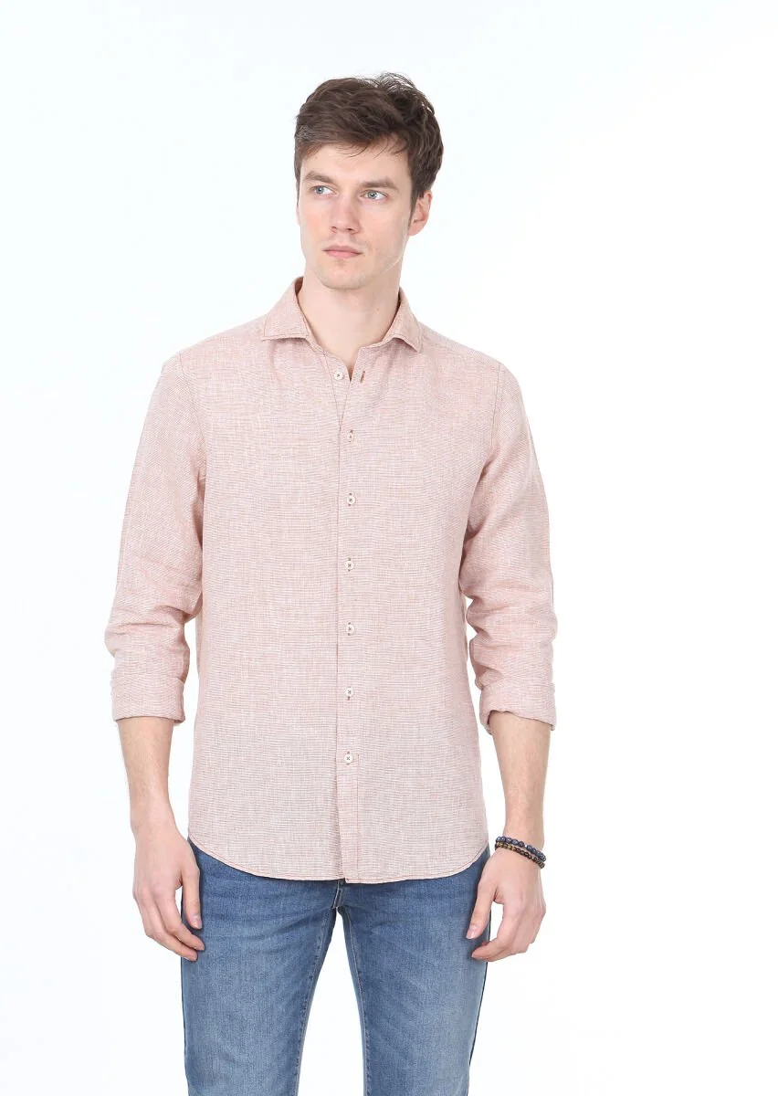 Kiremit Çizgili Regular Fit Dokuma Casual Pamuk Karışımlı Gömlek - 1