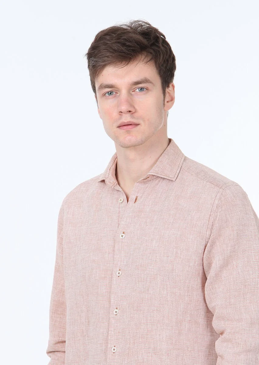 Kiremit Çizgili Regular Fit Dokuma Casual Pamuk Karışımlı Gömlek - 3