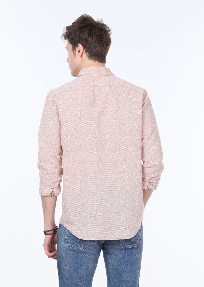 Kiremit Çizgili Regular Fit Dokuma Casual Pamuk Karışımlı Gömlek - 4