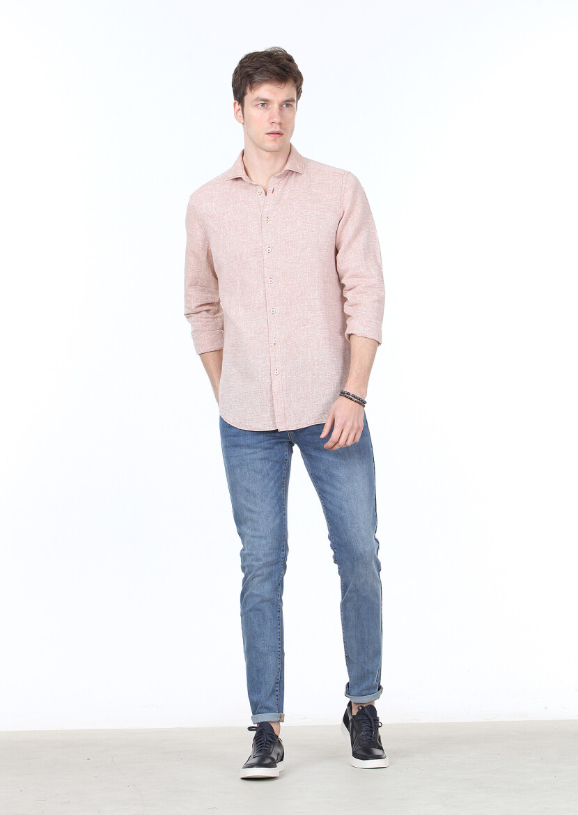 Kiremit Çizgili Regular Fit Uzun Dokuma Casual Pamuk Karışımlı Gömlek - 2