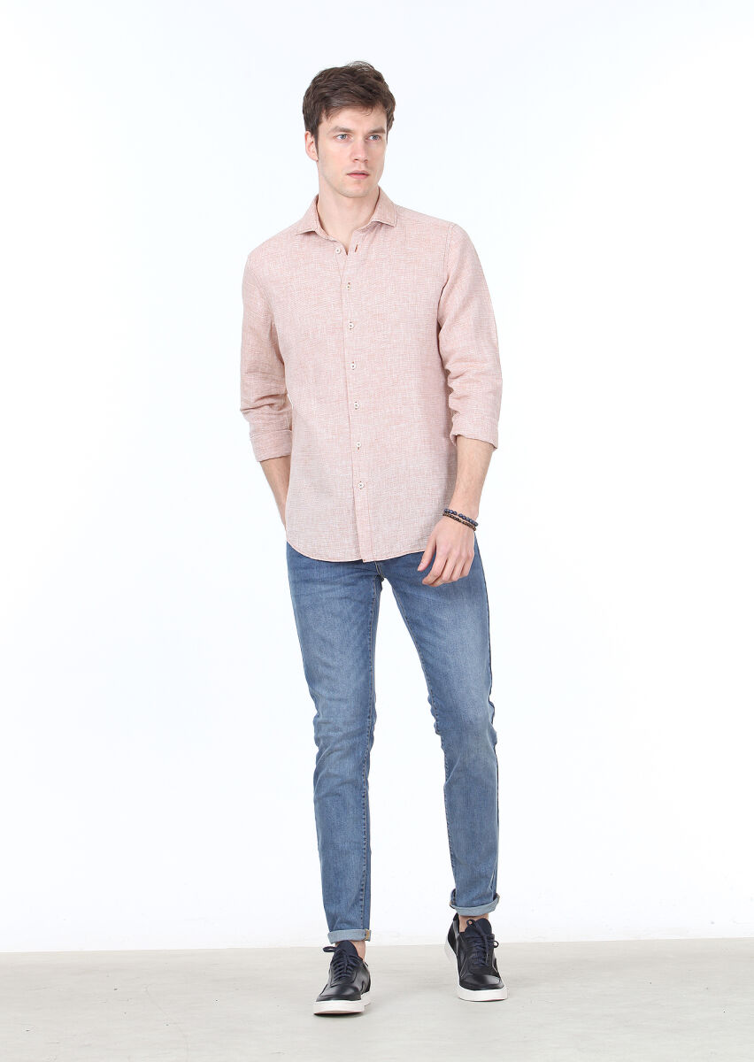 Kiremit Çizgili Regular Fit Uzun Dokuma Casual Pamuk Karışımlı Gömlek - 2