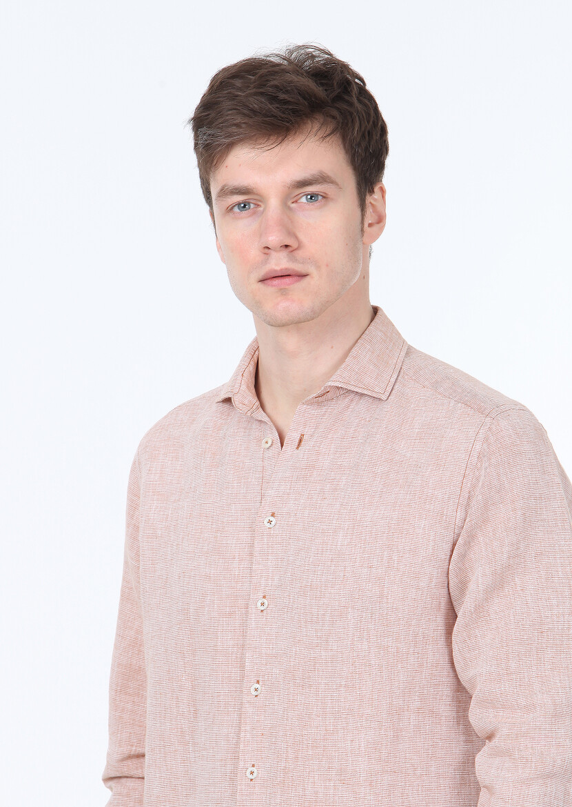 Kiremit Çizgili Regular Fit Uzun Dokuma Casual Pamuk Karışımlı Gömlek - 3