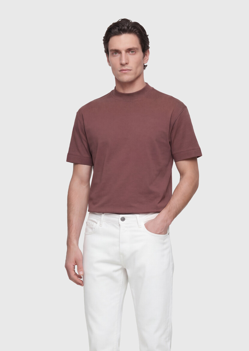 Kiremit Düz Bisiklet Yaka %100 Pamuk T-Shirt - 3