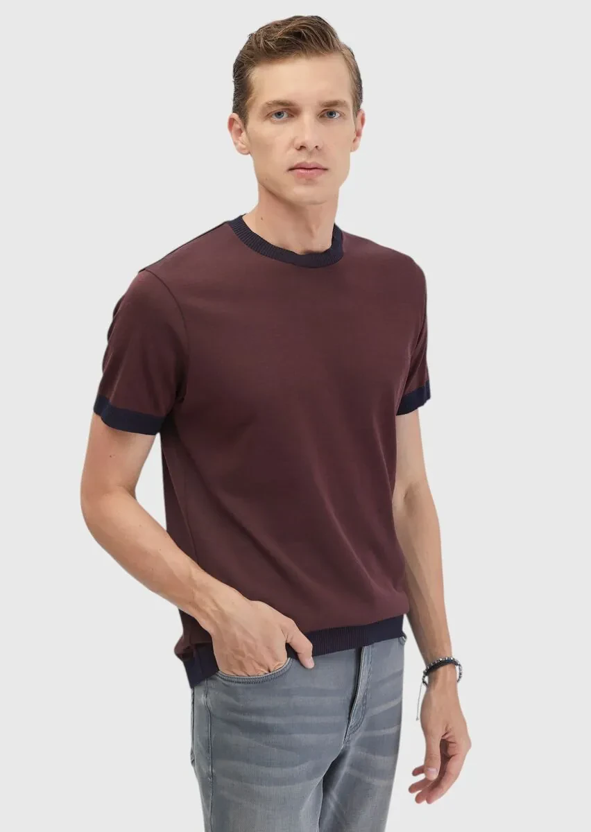 Kiremit Düz Bisiklet Yaka %100 Pamuk T-Shirt - 1