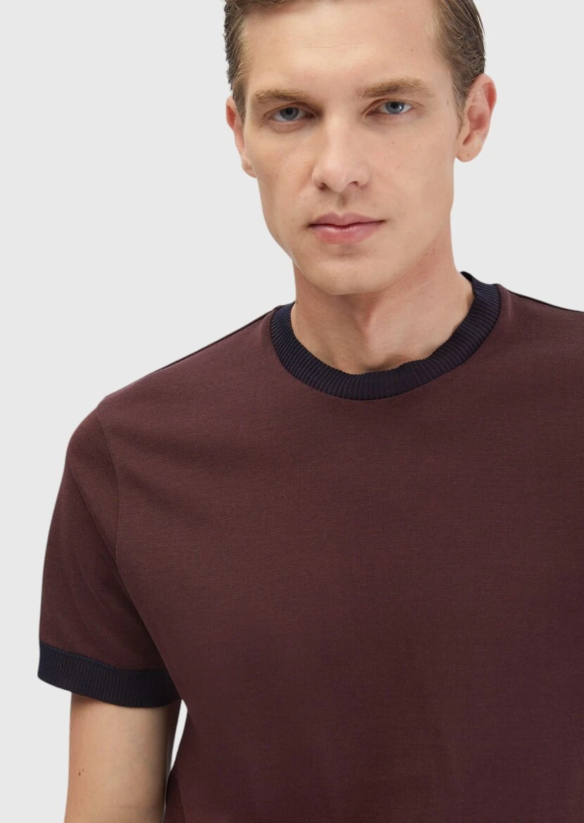 Kiremit Düz Bisiklet Yaka %100 Pamuk T-Shirt - 3