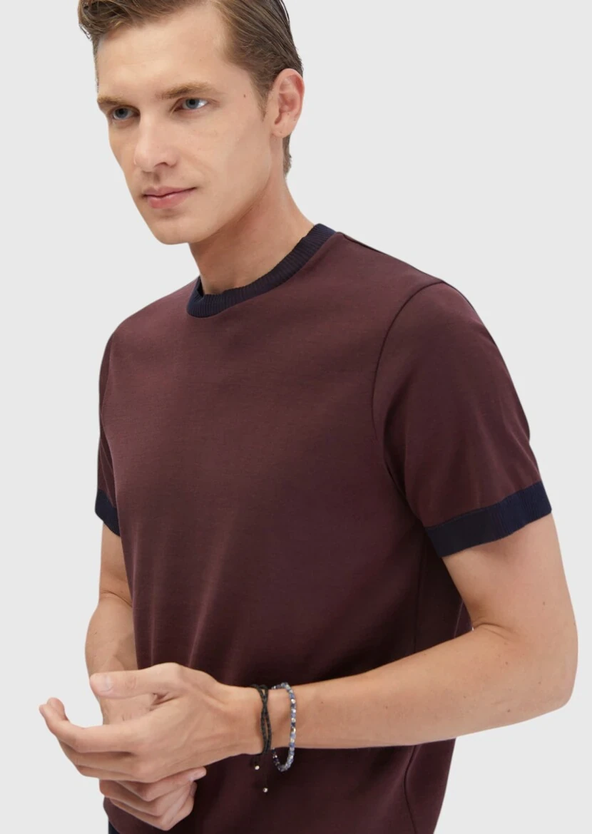 Kiremit Düz Bisiklet Yaka %100 Pamuk T-Shirt - 4