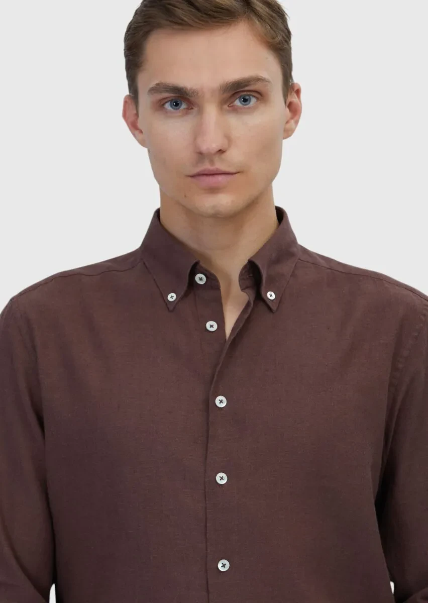 Kiremit Düz Casual Fit Dokuma Casual Pamuk Karışımlı Gömlek - 3