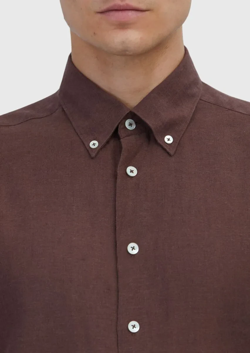 Kiremit Düz Casual Fit Dokuma Casual Pamuk Karışımlı Gömlek - 4
