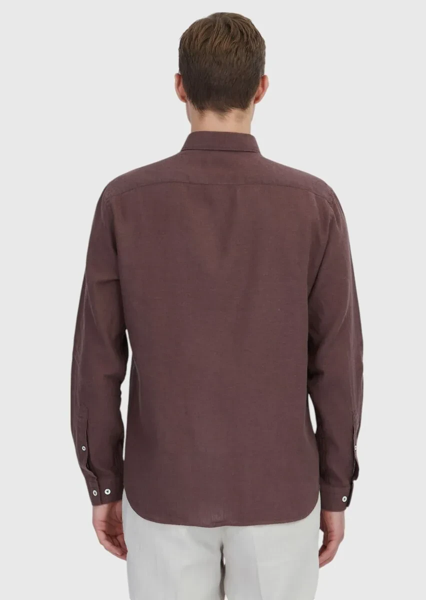 Kiremit Düz Casual Fit Dokuma Casual Pamuk Karışımlı Gömlek - 5