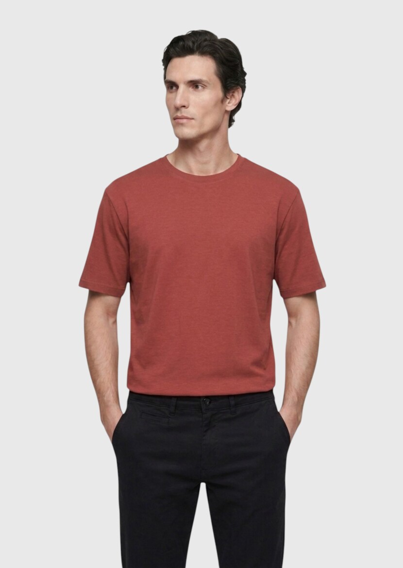 Kiremit Düz Pamuk Karışımlı T-Shirt 